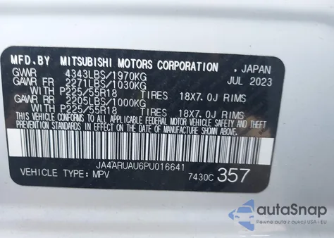 2023 Mitsubishi Outlander Sport 2.0 Es Awc/2.0 Le Awc/2.0 Ralliart Awc/2.0 S Awc/2.0 Se Awc из США, поврежденный, VIN JA4ARUAU6PU016641